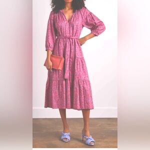 Xirena Annieka Midi Dress cotton Low Cut tiered w/ belt Floral Pink size XS